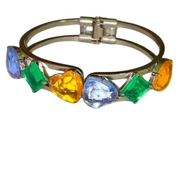 Vintage Colorful Rhinestone Heart Silver Tone Clamp Clamper Bracelet - Picture 5 of 6
